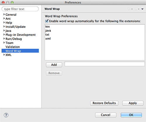 Word Wrap preferences in Eclipse